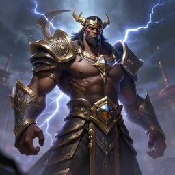 a highly detailed illustration of berserker african god of lightning, muscular, thunderous sky background, intricate, elegant, highly detailed, centered, digital painting, artstation, concept art, smooth, sharp focus, league of legends concept art, WLOP