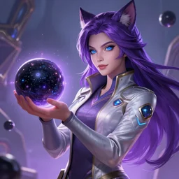 league of legends concept art beautiful young female scientist with neko ears holding spherical black hole in her hand, long purple hair, blue eyes, art by charles liu, perfect angle, fantasy style, vibrant colour scheme, ultra detailed, volumetric lighting, octane render, commission art