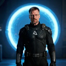 film still of Walter White as Gordan Freeman wearing a black HEV suit with a lambda logo in front with a glowing blue portal in the background in the Half Life Movie, 4k