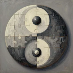 an extremely high quality hd surrealism painting of a jigsaw made of yinyangs