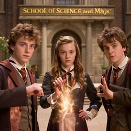 sharp, highly detailed, high quality frame from a 2 0 1 9 sci fi color movie, set in 1 8 6 5 in an alternate universe, mid distant shot of three students practicing magic, at the'school of science and magic ', 1 8 6 5 era clothing, good lighting, in focus, detailed eyes, live action, award winning lighting, award winning photography