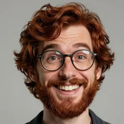 pleasant, grinning, nerdy man character portrait, dark auburn wavy hair, beard, glasses without frames, freckles, by don bluth, highly detailed, dynamic shadows, 4 k, wallpaper - 1 0 2 4