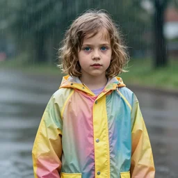 a seven year old girl with short wavy curly light brown hair and blue eyes wearing a colorful raincoat in the rain. by artgerm and greg rutkowski and ilya kuvshinov