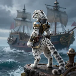 a fierce snowleopard fursona stands in the crows perch on a pirate ship on a stormy sea, view from behind of a furry wearing a steampunk suit. unimaginably beautiful, gorgeous, elegant, young woman with feline features and digitigrade legs with fluffy paws, an absurdly detailed illustration, trending on furaffinity, vraytracing, bokeh battlefield. league of legends character splash art. action pose, fantasy illustration.