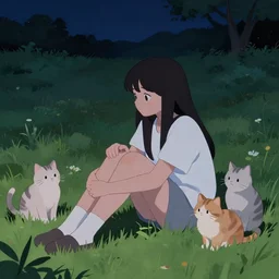 a girl sits on the grass at night with dreamcore cats