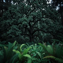 A landscape shot of a mystical dark forest. A giant oak tree is in the middle of the forest. The forest has a lot of vibrant plants, art by Samantha Kung