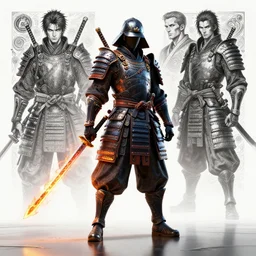 cinematic shots of full body cyberpunk samurai with intricate armor, katanas made of fire, intricate illustrations by artgerm, greg rutkowski, eng killian and, digital illustration, over - detailed, clear, crisp, smooth, bright colors, stone, dnr, unreal engine, about reflection, rtx reflection, artstation