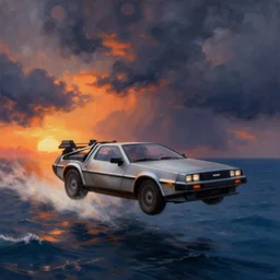 delorean car flies over the ocean during a storm, sunset, beautiful painting by ivan aivazovsky, colorful, highly detailed