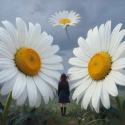 closeup, giant daisy flowers head, girl between big monsteras, surreal photography, wind and cold, dramatic sky, impressionist painting, digital painting, artstation, simon stalenhag