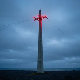 a concrete tower with several power cables coming from the top of the tower and going out of frame, the tower stands in a icelandic beach, cloudy day, blue hour, by filip hodas, by simon stalenhag, cinematic, dramatic light, red lights, concept art, matte painting, trending on artstation, dystopia, cyberpunk
