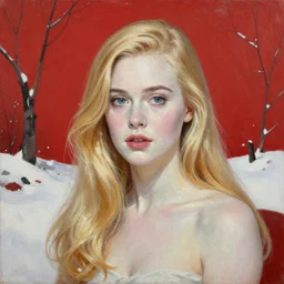 Painting of Elle Fanning surrounded by red snow, 60s ad, long blonde hair, delicate, pale milky white porcelain skin, by Edward Hopper. 8K. Extremely detailed.