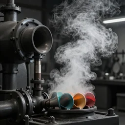 Hissing bellows of colorful steam from the strange machine in the busy workshop. Black ink line drawing over a watercolor. Cosmic colors. 4K.