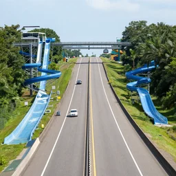 an interstate highway with roads made of waterslides