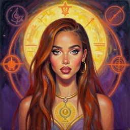 portrait of zoe kravitz by mandy jurgens, cartoon, oil painting, visionary art, symmetric, magic symbols, holy halo, dramatic ambient lighting, high detail, vibrant colors,