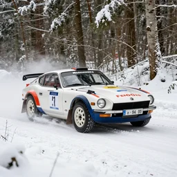 a 2 0 0 3 nissan fairlady z, racing through a rally stage in a snowy forest