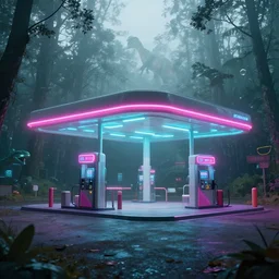 vaporwave cyberpunk gas station in the forest with dinosaurs in the distant background in foggy weather
