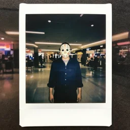 jason voorhees lost in an empty mall after hours, eighties polaroid, flash photography, neon