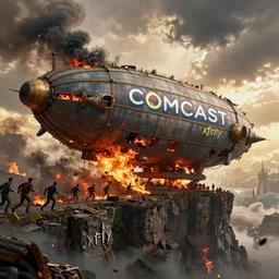a giant comcast themed steampunk airship heavily branded with the comcast logo and xfinity logo crashed and burning on the side of a cliff, people running in fear, flames and thick black smoke billowing, golden hour, turbulent storm clouds, dystopian, sharp focus, octane render, 8k