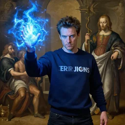 powerful blue mage Jeremy Irons wearing navy blue sweatshirt brandishes a blue electricity orb elina brotherus greg rutkowski lucas cranach the elder mark rothko tombow