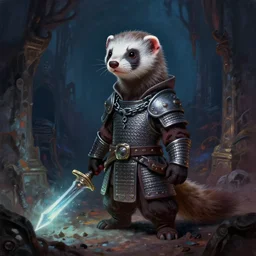 A cute ferret-boy katar-fighter protagonist with chainmail reinforced clothing and a glowing weapon is exploring the grimdarkest dungeon depths. trending on Pixiv. trending on ArtStation. A vibrant digital oil painting. A highly detailed fantasy character illustration by Wayne Reynolds and Charles Monet and Gustave Dore and Carl Critchlow and Bram Sels | A concept of Melancholic Euphoric heartshine in the crush of oblivion.