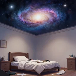 the immensity of the galaxy on the ceiling of a messy room. a messy bed. drawing. cartoon. digital art.