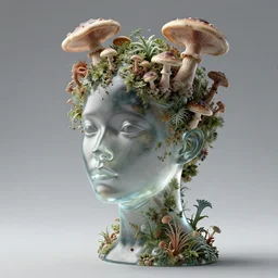 completely translucent glass head of a woman, 3 d octane render, fashion photography, high resolution, fine details, the head is covered in ornate mushrooms, fungus, and weeds, by daniel arsham and james jean and tim winton