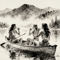 “ girls sitting in canoe on the hudson river drinking beer, mountains in fog background, ink drawing, by paul pope ”