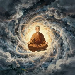 illustration of a levitating monk meditating within the centre of a peaceful swirling atom as he fights off evil clouds of smoke, studio ghibli, ultra hd