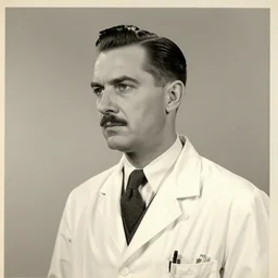 newspaper photo from 40s of a sidecut hair toupet stern looking slim medical doctor with a simple mustache