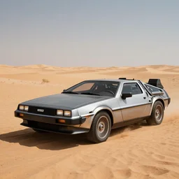 armored military Delorean in the sahara desert , concept art, cinematic, artstation