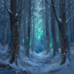 a painting of a forest with lots of snow flakes, a detailed matte painting by shin yun - bok, cgsociety contest winner, fantasy art, bioluminescence, speedpainting, concept art
