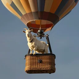 goat man flying in an air balloon