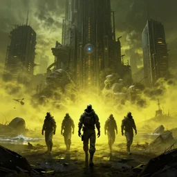 humans with protection suits walking in cyberpunk apocalypse doomsday city with yellow poison fog, post nuclear coastline, fantasy concept art, hyper realistic illustration, symetrical complex fine detail, 8 k, sinister, artstation, unreal engine,