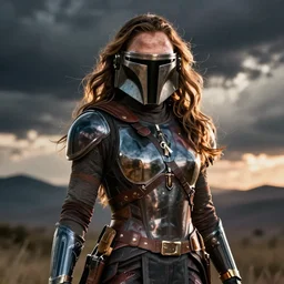 movie poster featuring gal gadot as mandalorian, ultrarealistic, cinematic, volumetric effects,