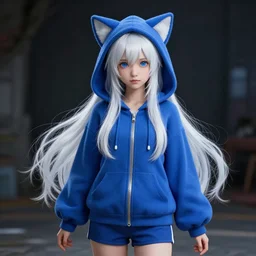 hyper - realistic + photorealistic render with very extreme intricate details, of a girl!!! wearing a blue cat + ear + hoodie and blue shorts, blue eyes and long white hair, in the style of final + fantasy 1 5, medium shot, digital game - art by ross tran, movie composition by sana takeda, dramatic cinematic lighting by greg rutkowski