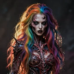 a brutal woman warped in horror with long rainbow - colored hair, her skin has gaps, spikes, and complex alien textures, terrifying and mysterious
