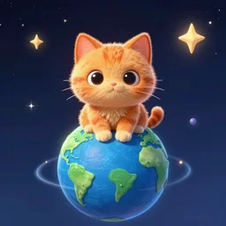a fuzzy orange cat sitting on blue planet earth, space in the background, cartoonish style, digital art, trending on artstation, pixar, disney
