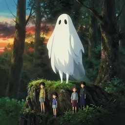 ghost spirit, forest, standing on a tree top, 4 k, artgerm, high detail, dramatic lighting, sunset, hayao miyazaki, masashi ando, nizou yamamoto, kazuo oga, joe hisaishi, yoji takeshige, naoya tanaka