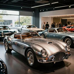retro futuristic shiny vintage cars in showroom, atmospheric lighting, painted, intricate, volumetric lighting, beautiful, daytime, sunny weather, slight overcast, sharp focus, deep colours, ultra detailed, by leesha hannigan, ross tran, thierry doizon, kai carpenter, ignacio fernandez rios
