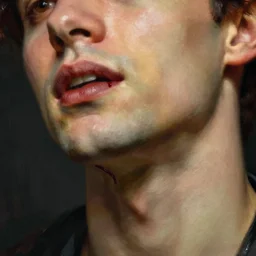 bottom half of face portrait shot of blood dripping down a beautiful males mouth chin and neck, as painted by leyendecker