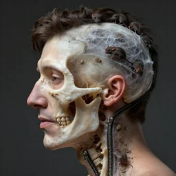 a profile portrait of justin trudeau with translucent skin, visible cranial cavity, opening in skull, zipper, inside head cobwebs, dust and rats, beautiful detailed intricate insanely detailed octane render, 8 k artistic photography, photorealistic, chiaroscuro, by david cronenberg, raphael, caravaggio
