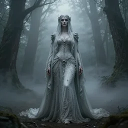a hyper realistic and detailed beautiful female banshee standing in a misty scary forest, wide angle 7 0 mm lens, volumetric haze, front facing camera, symmetrical, photorealistic, insanely detailed and intricate, epic, hyper realistic, elegant, ornate, elite, horror, creepy, ominous, haunting, cinematic lighting, unreal engine, cinematic centered camera, high detail, no blur, unreal engine 8 k