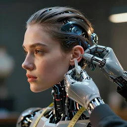 cinematic picture of a robot tailor measuring a human ear, cyberpunk style