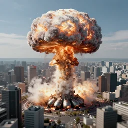 hyper detailed mushroom! clouds! explosions formed by h - bombs! detonations in the middle of tokyo, raising between the buildings, highly detailed, blurry focus, concept art, smooth, sharp focus, modern war photography, awarded photography, futuristic style, popular on artstation, unreal engine, drone shot, nvidia graphics,.