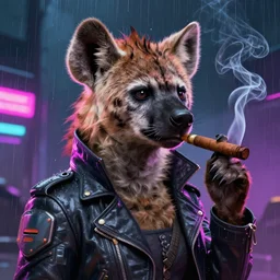 digital painting of anthromorphic hyena female smoking cigarrete in cyberpunk style, fursona, furry fandom, furaffinity, neon rainy cyberpunk setting, anthro, wearing cyberpunk leather jacket, detailed face, blade runner, zootopia style,