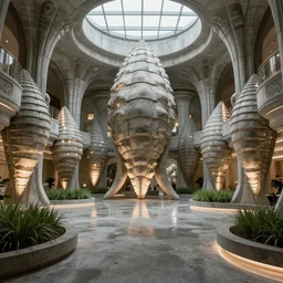 the portrayal of cement architecture styled by the shape of sea isopods, wide shot, interior, high - tech, glowing lights, wet, polished concrete floors, planters filled with grass, skylights, hyper - realistic, full shot, highly detailed and intricate, ornate, luxury, elite, creepy, ominous, haunting, cinematic.