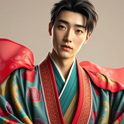 wide angle full body portrait shot of a handsome korean prince wearing flowing colourful clothes, highly detailed face, detailed eyes, alphonse mucha, rhads, ross tran, artstation, artgerm, octane render, 1 6 k