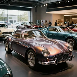 shiny retro futuristic vintage cars in showroom, atmospheric lighting, painted, intricate, volumetric lighting, beautiful, daytime, sunny weather, slight overcast, sharp focus, deep colours, ultra detailed, f 1. 4, 4 0 0 0 k, by leesha hannigan, ross tran, thierry doizon, kai carpenter, ignacio fernandez rios