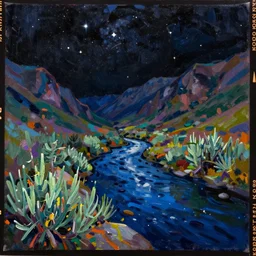 Realist colorful impasto painting of the Salmon River mountain valley at midnight by John Harris, stars in the inky black sky reflect on the darkest blue river surface, 4k scan, sagebrush, HDR, Kodak Portra 400, film grain, oil on canvas, visible brushstrokes