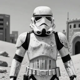 closeup of dirty grimy stormtrooper in a desert city action pose, interior design. clear photo, frank miller, b & w ultra detailed digital art